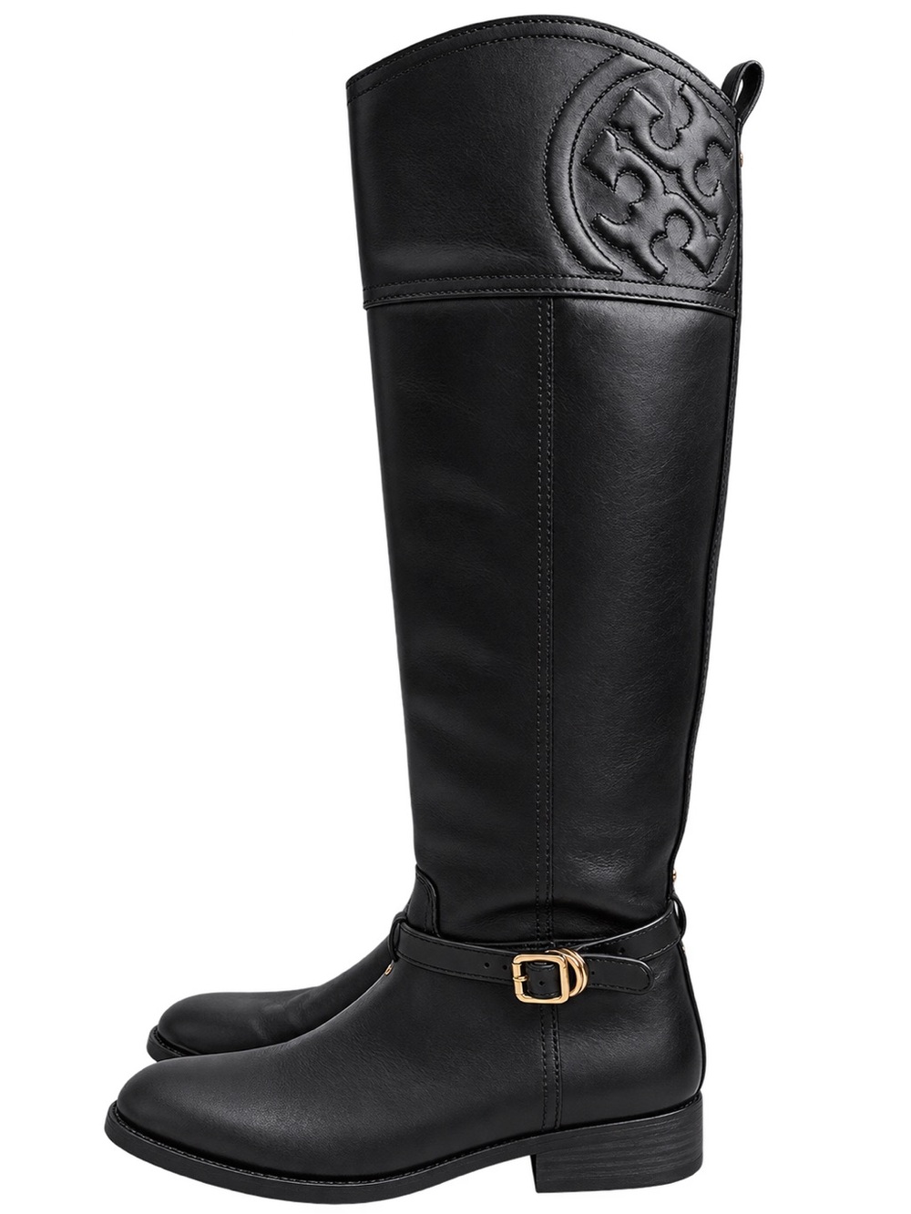 Tory Burch Marlene Black Leather Full Zip Knee High Riding Boots Buckle Size 8.5